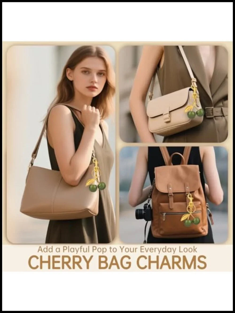 Cute Cherry Keychain with Gold-Tone Metal Clip, Bag Charm for Purse, Handbag